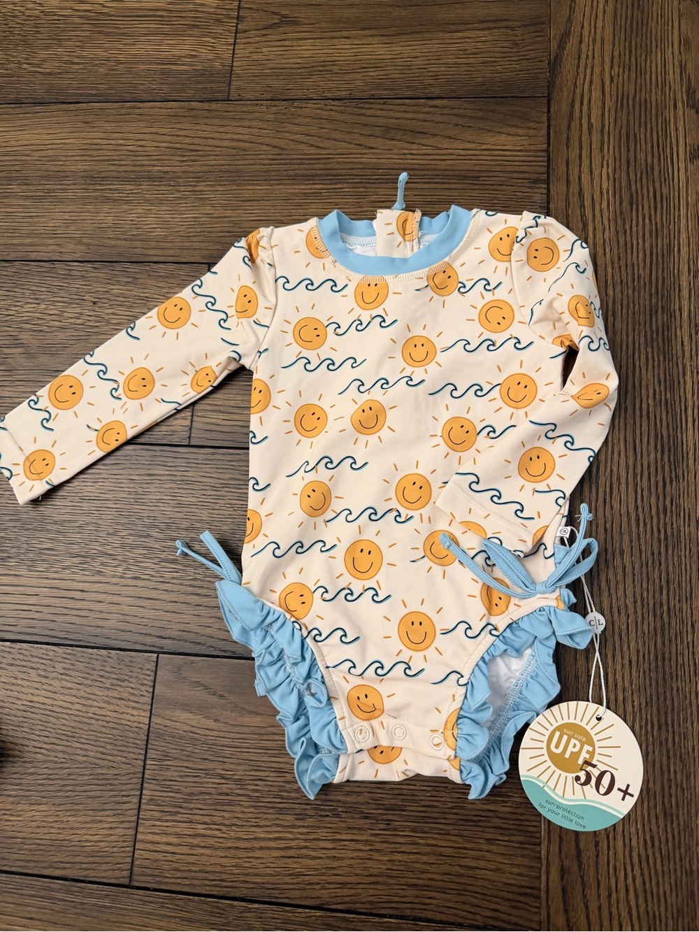 Caden Lane Cream & Light Blue Sun print Kids One-Piece Swimsuit